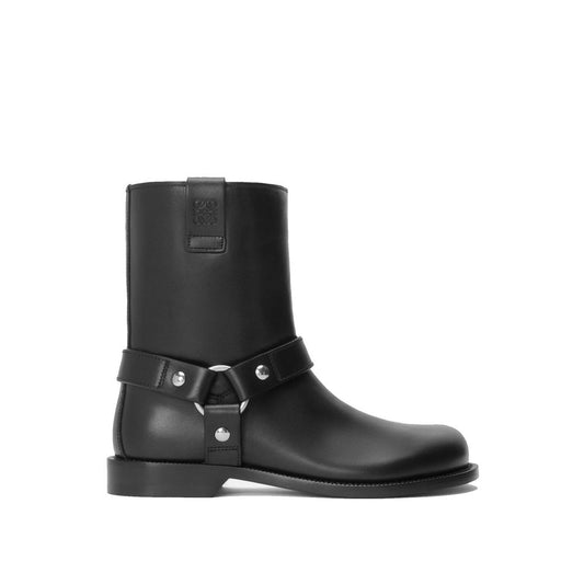 Loewe Black Calfskin Ankle Boots with hardware details, round toe, and leather outsole. Made in Italy, men's fashion. 30mm heel height.