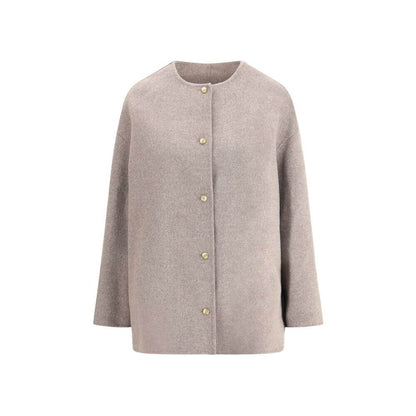 Loulou De Saison Gray Wool Coat with minimalist design, crew neck, button closure, and side welt pockets, AW25 collection, 90% wool.