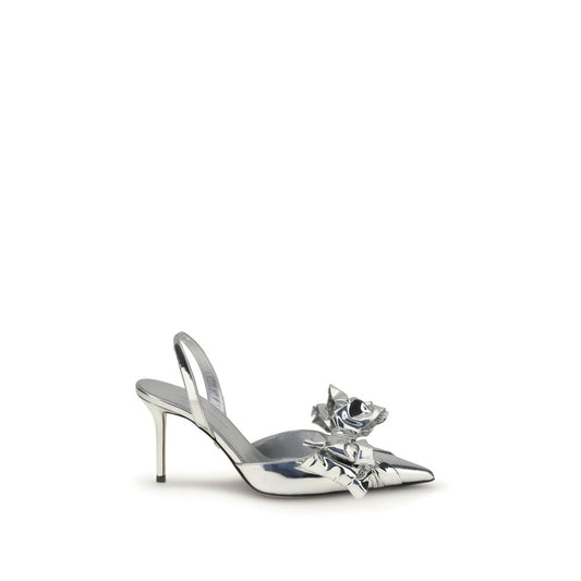 MACH & MACH Silver Leather High Heel Pumps with pointed toe, tonal bow, and ankle strap.