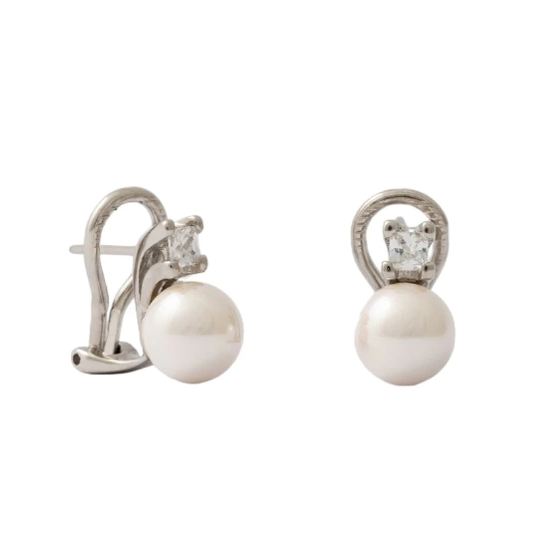 Elegant MAJORICA JEWELRY Mod. 12269.01.2.000.010.1 pearl earrings with crystal accents on white background
