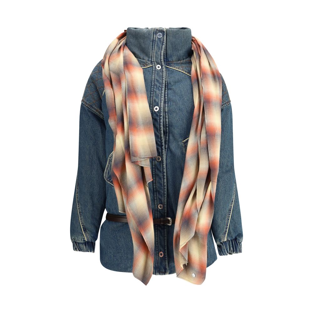 MARBELL Amy Denim Jacket with quilted details, high collar, front snap-button, pockets, and removable belt and scarf, AW25 style.