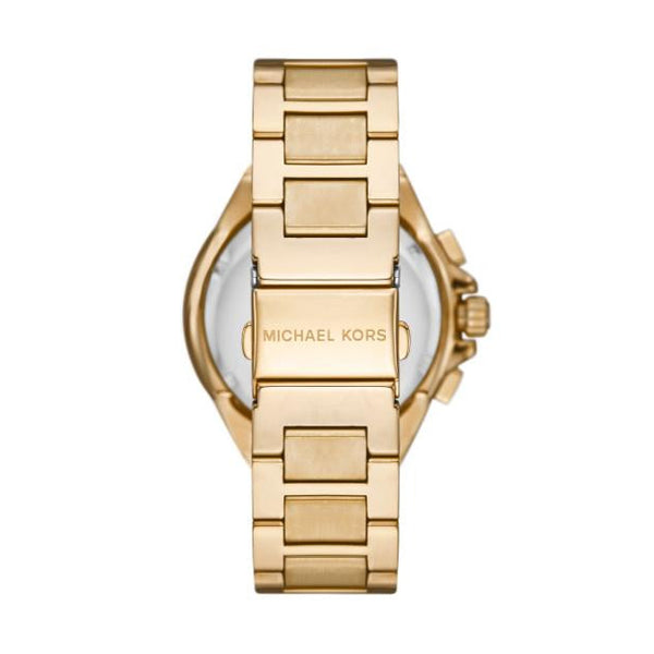 Back view of the luxury MICHAEL KORS Mod. CAMILLE wristwatch with IP gold stainless steel strap and quartz chronograph movement.