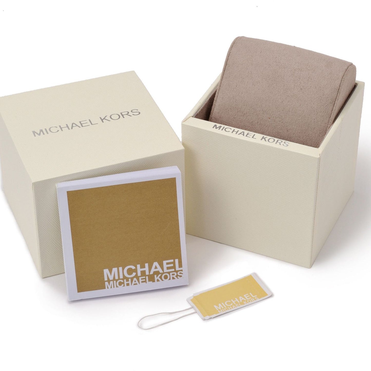 Official packaging for MICHAEL KORS Mod. SAGE wristwatch, including box, booklet, and tag, showcasing luxury and elegance.