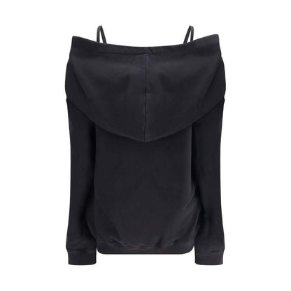 Back view of MM6 Black Cotton Sweatshirt with hood, showcasing minimalist design and distinctive white stitching by Maison Margiela.