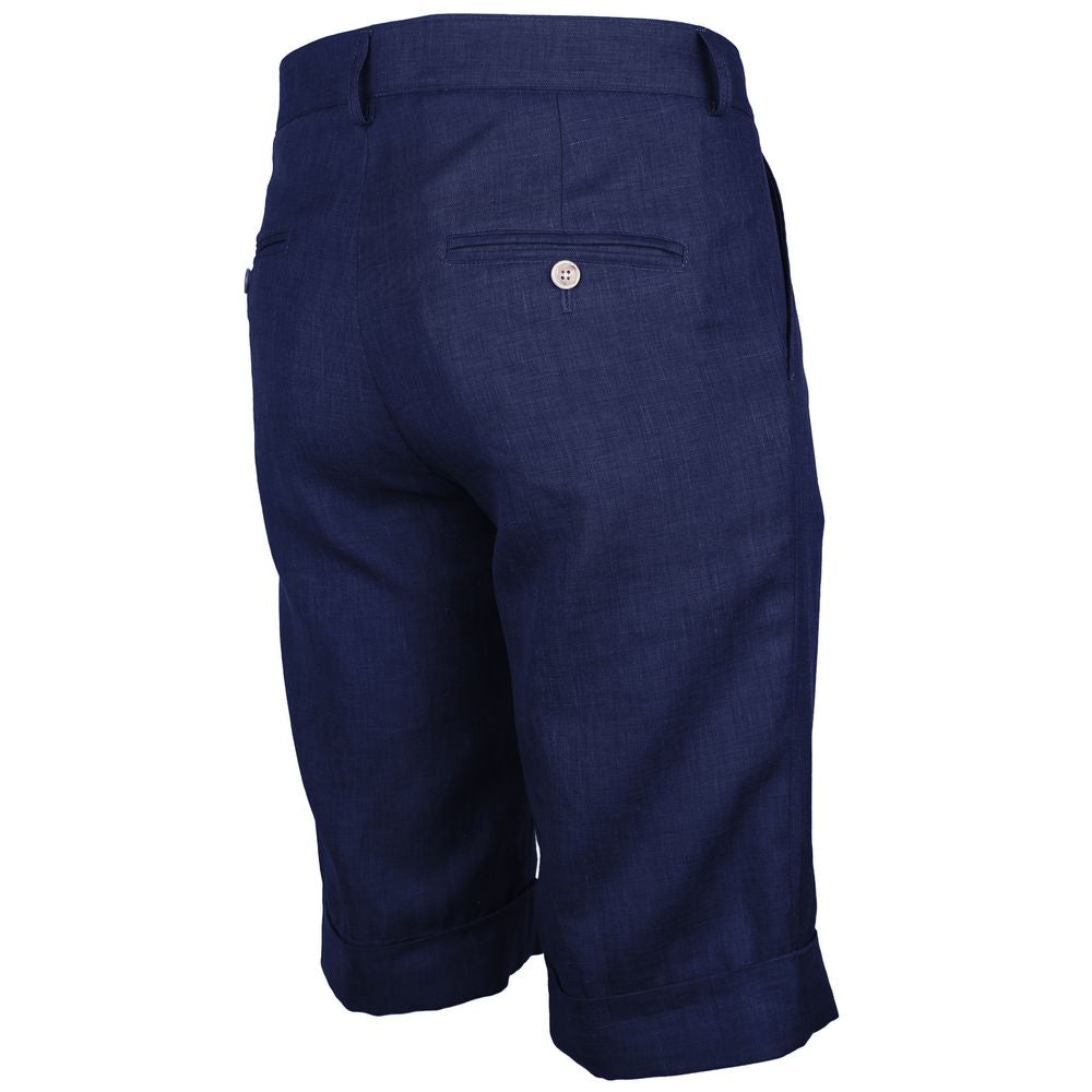 Made in Italy Blue Linen Short with back view showcasing buttoned pocket and navy color.