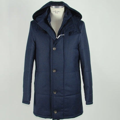Made in Italy Blue Wool Men's Jacket with hood and buttons, luxury tailored outerwear.