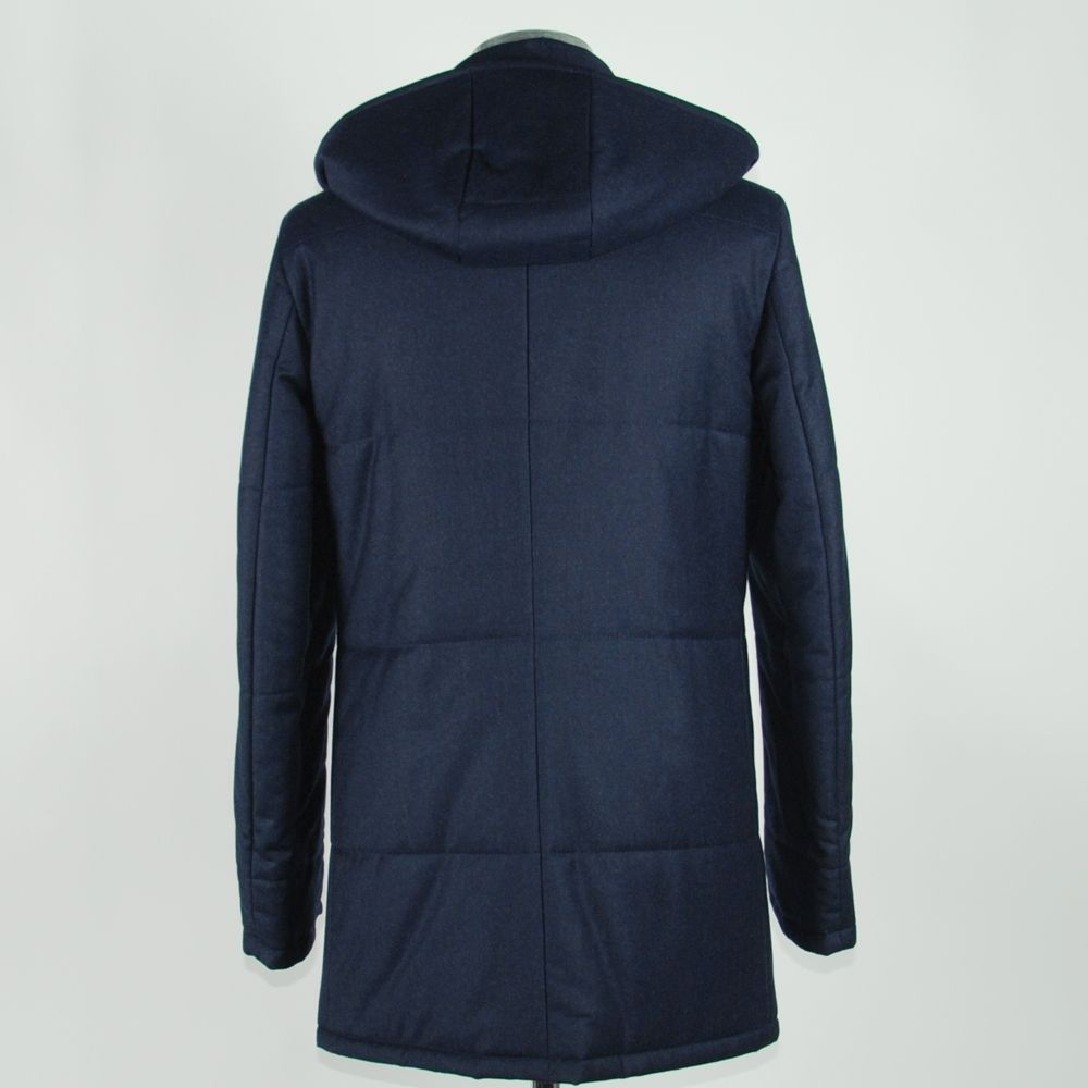 Back view of Made in Italy Blue Wool Men's Jacket showcasing hooded design and sleek tailoring.