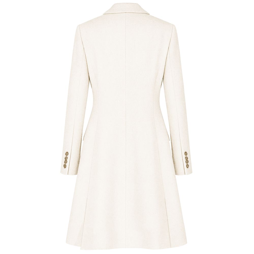 Back view of Made in Italy White Wool Women Coat with gold buttons and peak lapels in luxurious Loro Piana virgin wool fabric.