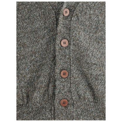 Close-up of Magliano Gray Wool Cardigan with button closure detail.
