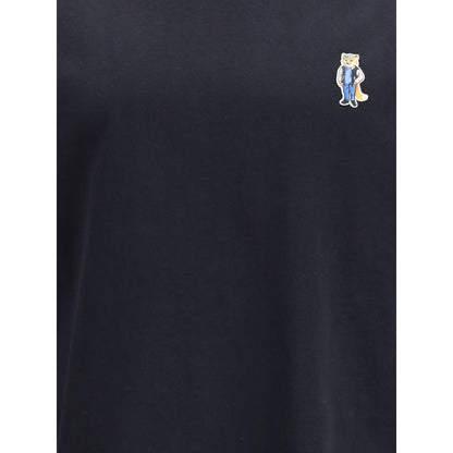 Maison Kitsuné Black Cotton T-Shirt with embroidered Dressed Fox patch on chest.