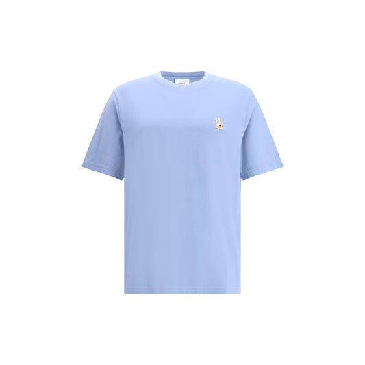Maison Kitsuné Light Blue Cotton T-Shirt featuring embroidered Standing Fox emblem on chest, short sleeves, and ribbed crew neck.