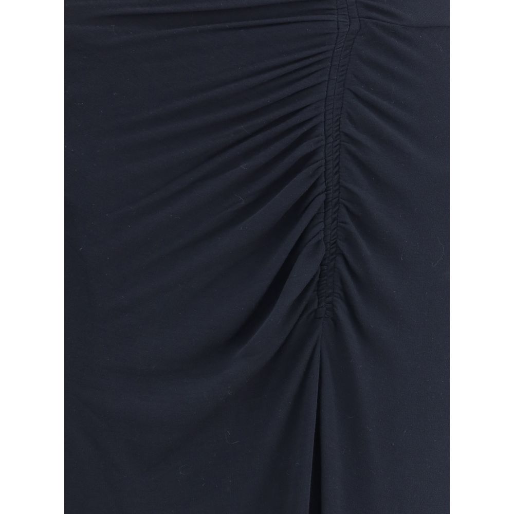 Marant Etoile Black Modal Casual Dress with elegant draping and front slit detail, featuring gathers at the shoulder and front.