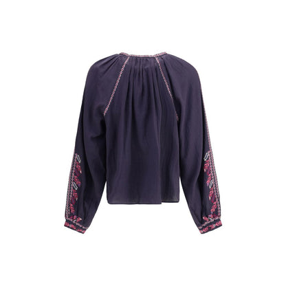 Back view of Marant Etoile Blue Cotton Blouse with embroidery and raglan sleeves for a boho-chic look.