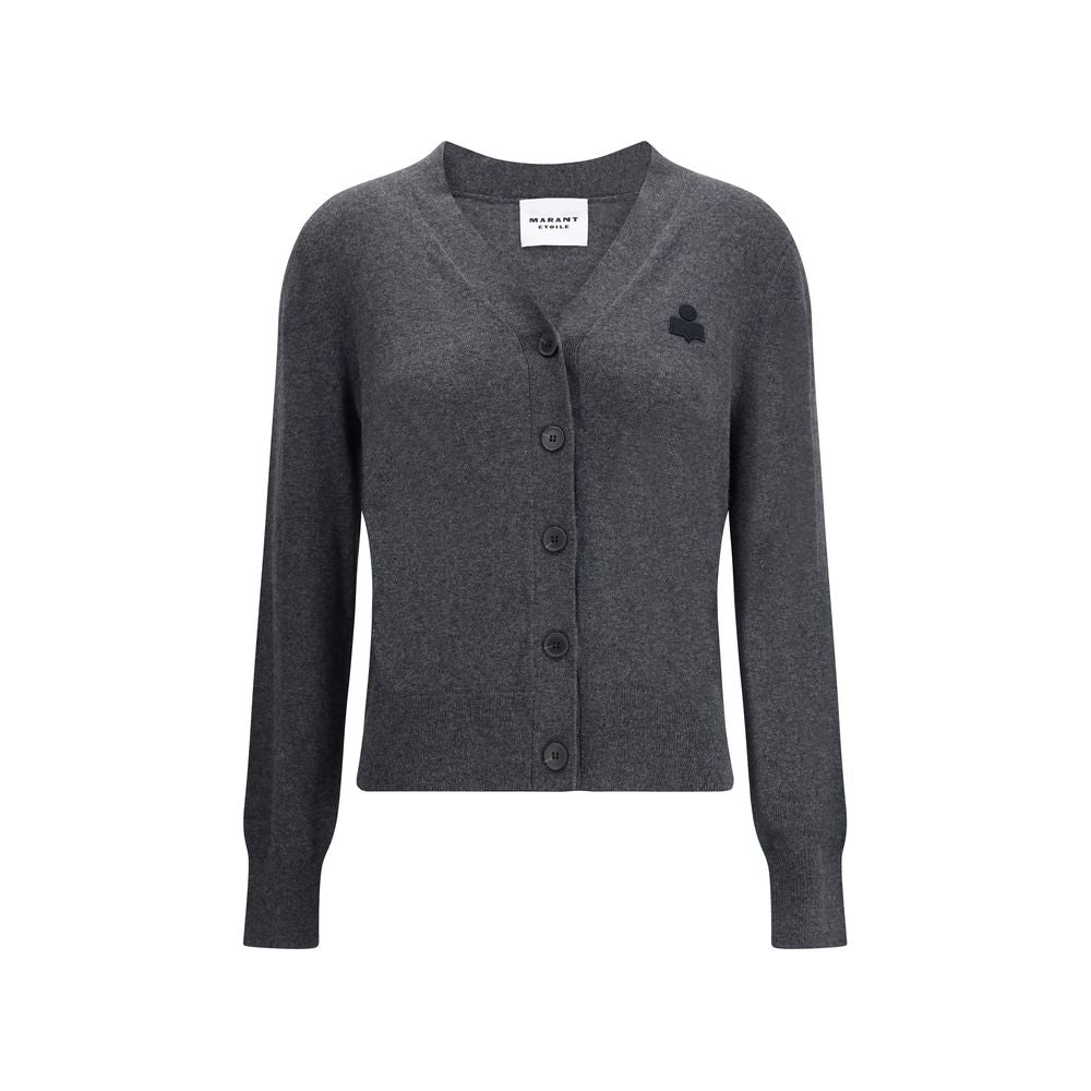 Marant Etoile Gray Cotton Cardigan with V-neckline and button closure, made of cotton and wool blend, featuring logo on chest.