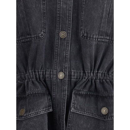 Close-up of Marant Etoile Gray Cotton Denim Jacket front button closure and patch pockets.