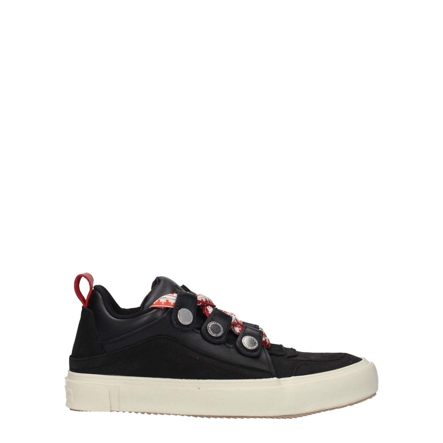 Marcelo Burlon Black Leather Low Top Sneakers with lace-up closure, round toe, and rubber sole. Features aged, vintage effect and logos.