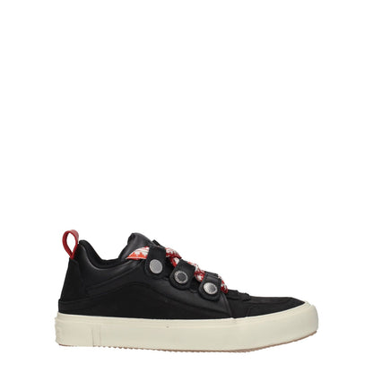 Marcelo Burlon Black Leather Low Top Sneakers with lace-up closure, round toe, and rubber sole. Features aged, vintage effect and logos.