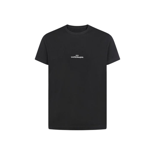 Margiela Black Cotton T-Shirt with embroidered monogram on front for AW25 season, ribbed crew neck, 100% cotton, made in Romania.