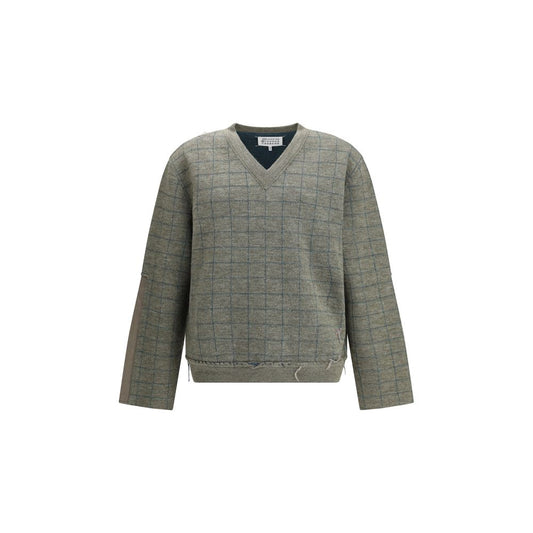 Margiela Green Fleece Wool Sweatshirt with grid pattern and V-neckline, crafted from soft wool, ideal for winter fashion, AW25 collection.