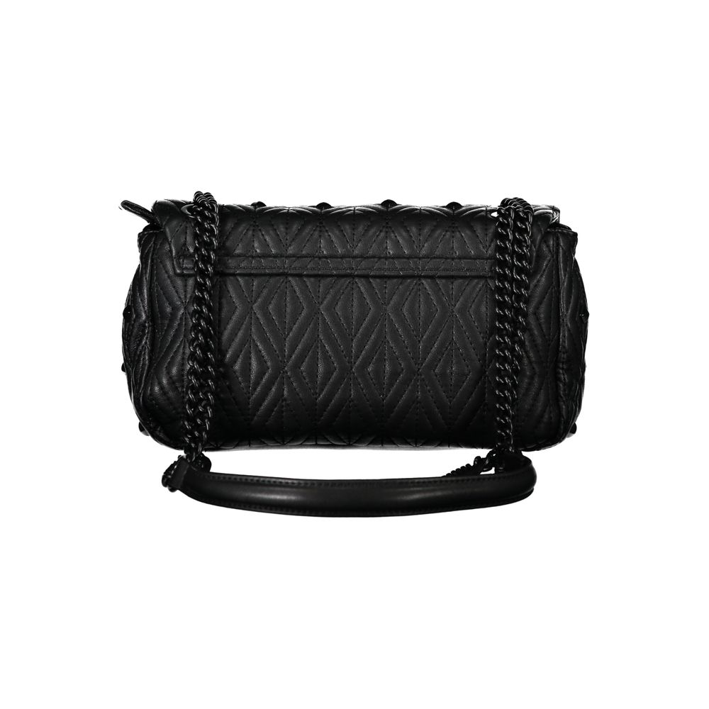 Mario Valentino Black Polyester Handbag with chain shoulder strap, internal pockets, contrasting details, and logo, back view.