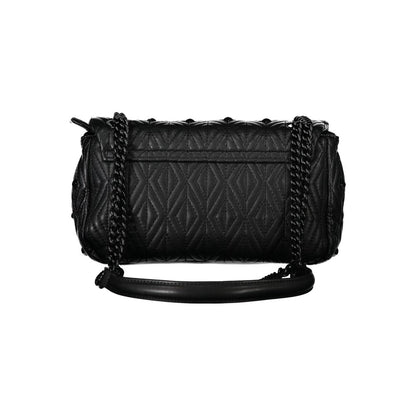 Mario Valentino Black Polyester Handbag with chain shoulder strap, internal pockets, contrasting details, and logo, back view.