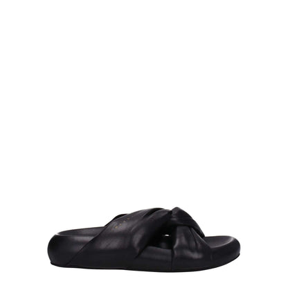 Marni Black Leather Slippers with open toe, mid heels, rubber sole, and side logo; casual style, gold detail.