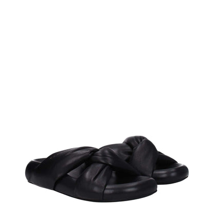 Alt Tag: Marni Black Leather Slippers with side logo and open toe design, featuring rubber sole, mid heels, and gold accents.