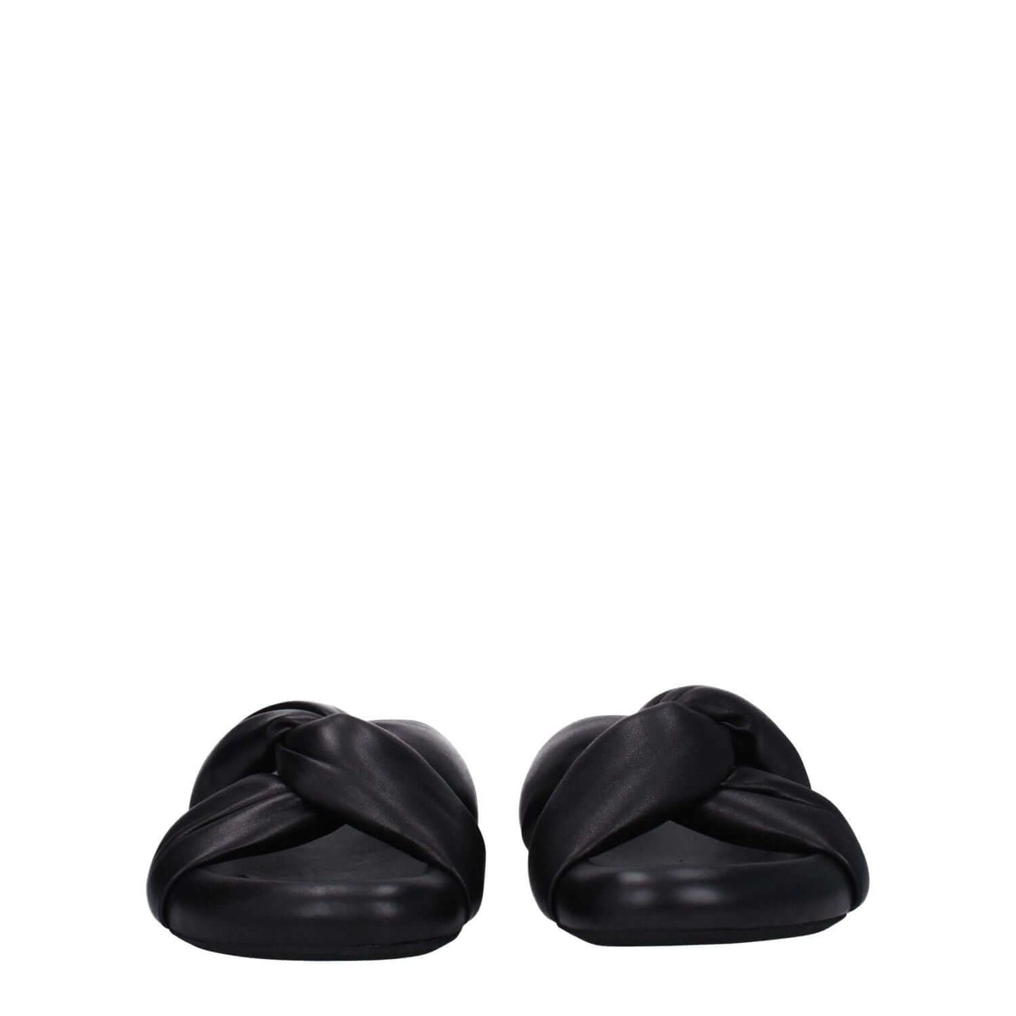 Marni Black Leather Slippers with side logo, open toe, mid heels; crafted in leather with rubber sole. Casual style footwear from Marni.