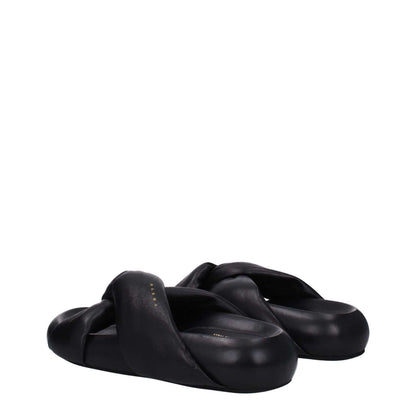 Marni Black Leather Slippers with open toe, mid heel, and side logo, featuring a rubber sole, perfect for casual wear.
