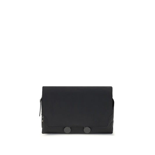 Marni Black Polyamide Clutch Bag with front flap and metal magnetic closure, featuring urban design, on white background.