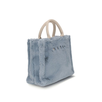 Marni Light Blue Polyester Handbag with fur lining, fabric handles, and adjustable strap, showcasing contemporary design.