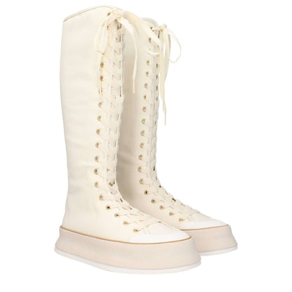 Max Mara Beige Fabric Lace-Up Boots with vintage effect, casual style, rubber sole, wedge heel, and round toe design.