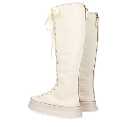 Max Mara Beige Fabric Lace-Up Boots with wedge heel, vintage effect, and round toe. Casual style with canvas accents.
