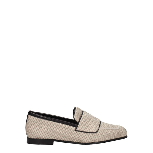 Max Mara Beige Fabric Slip-On Loafers with leather sole and round toe, featuring a front logo detail, casual style.
