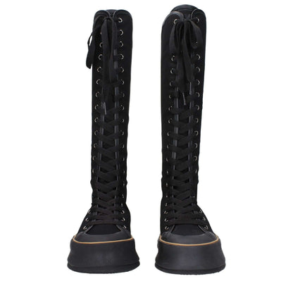 Max Mara Black Fabric Lace-Up Boots with vintage effect and wedge heel, featuring round toe and casual style.