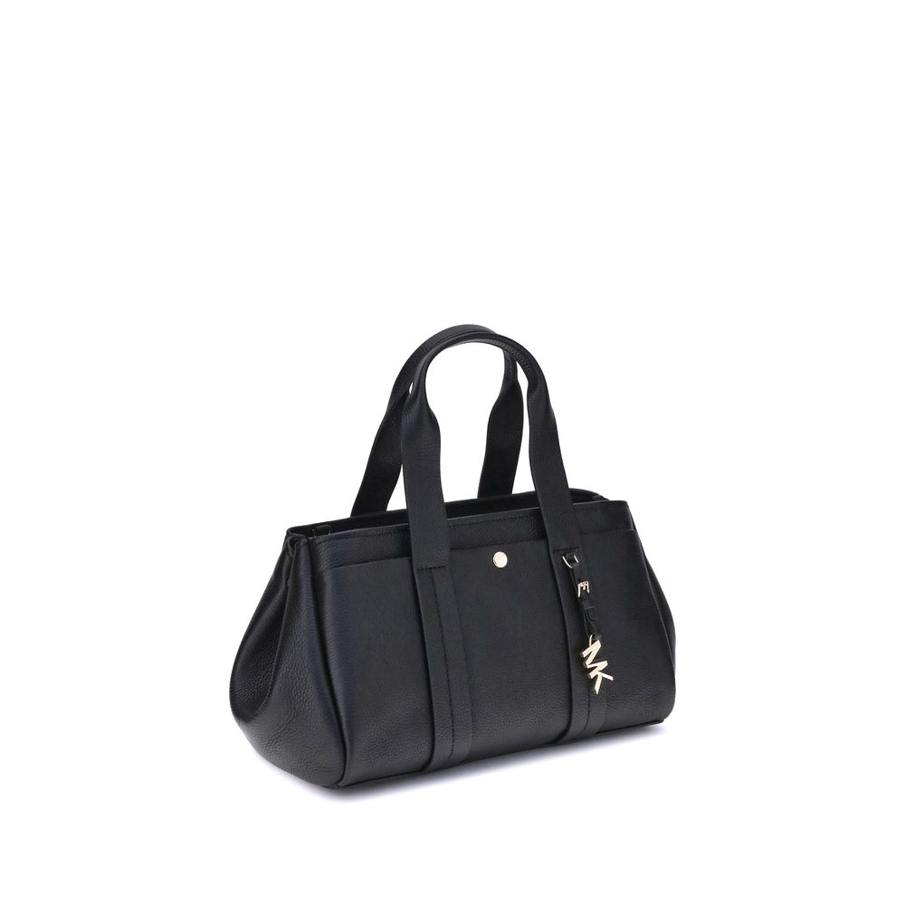 Michael Kors Black Calf Leather Bos Taurus Shoulder Bag with MK pendant and sturdy top handles.