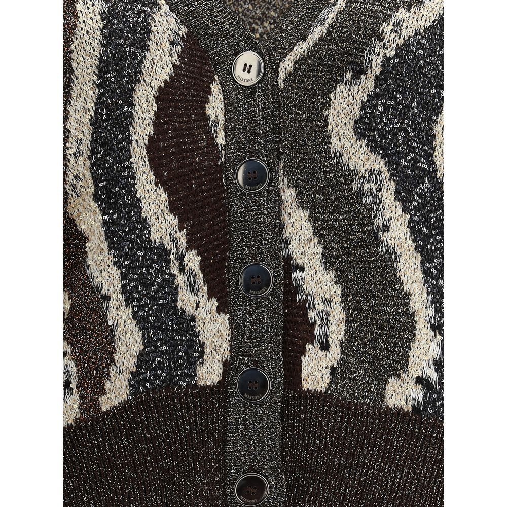 Missoni Brown Viscose Cardigan with wave pattern, button closure, and sequins, offering a modern and sophisticated style for AW25 season.