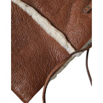 Close-up of Miu Miu Brown Leather Fur Inner Lining Neck Strap WinterFleece Handwarmer showing soft fur lining and leather texture.