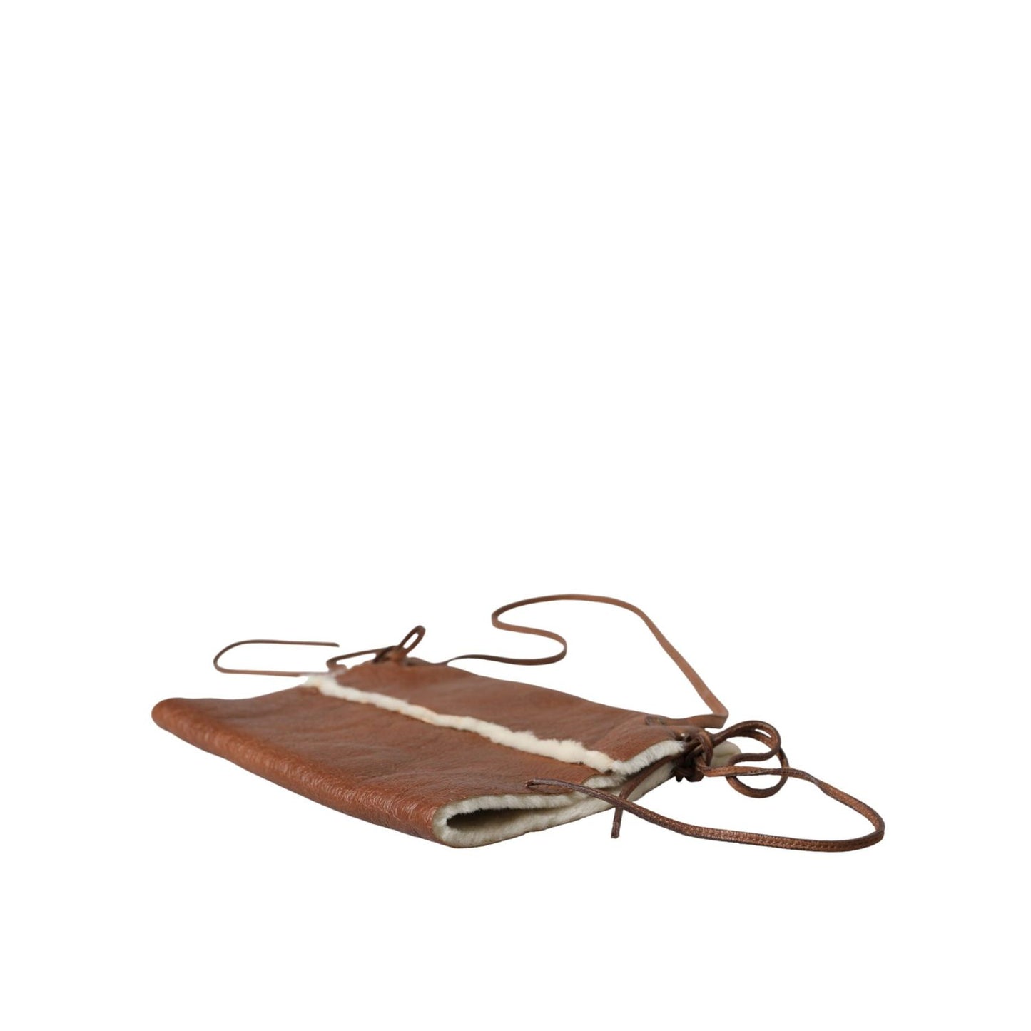 Miu Miu Brown Leather Fur Inner Lining Neck Strap WinterFleece Handwarmer, luxury brown leather and fur design, cold-weather accessory.