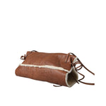 Miu Miu Brown Leather Fur Inner Lining Neck Strap WinterFleece Handwarmer, luxurious winter accessory, shown in elegant brown leather.