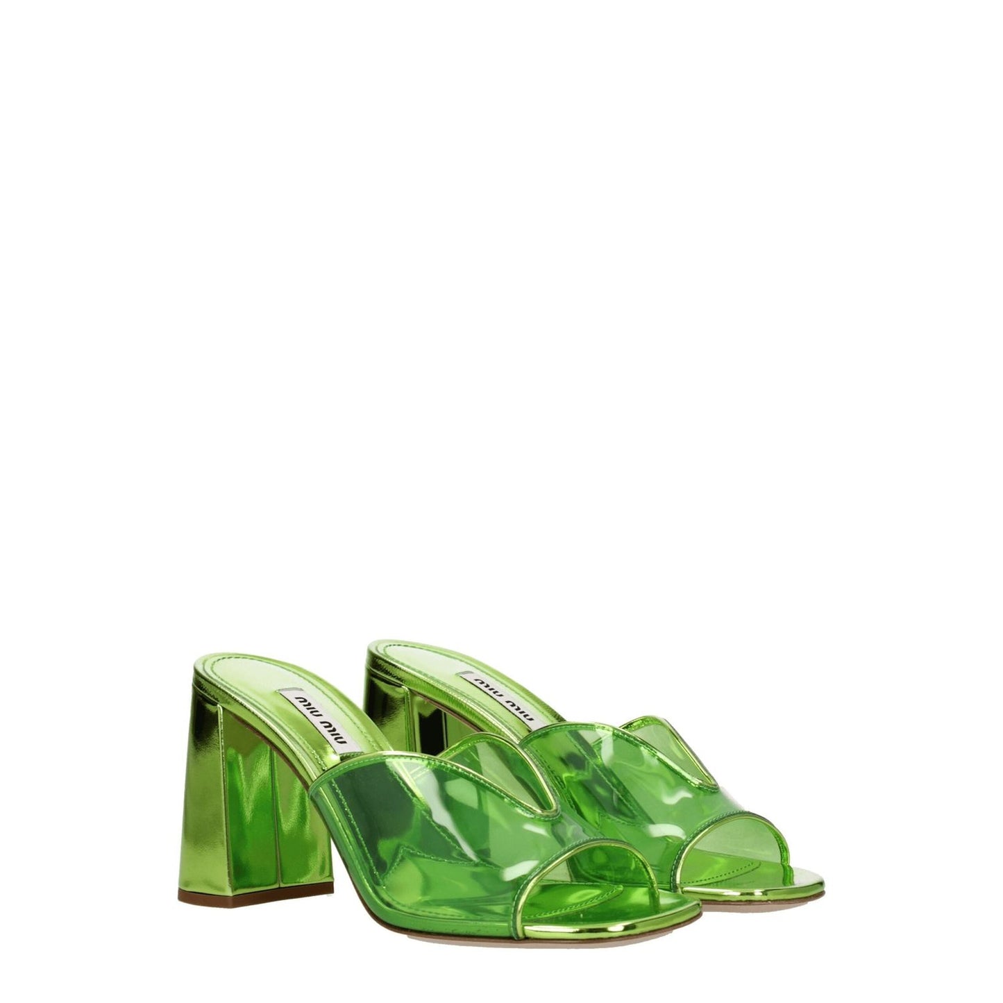 Miu Miu Green Plexiglass Platform Sandals, open toe, mid heel, casual style, leather sole, stylish green design.