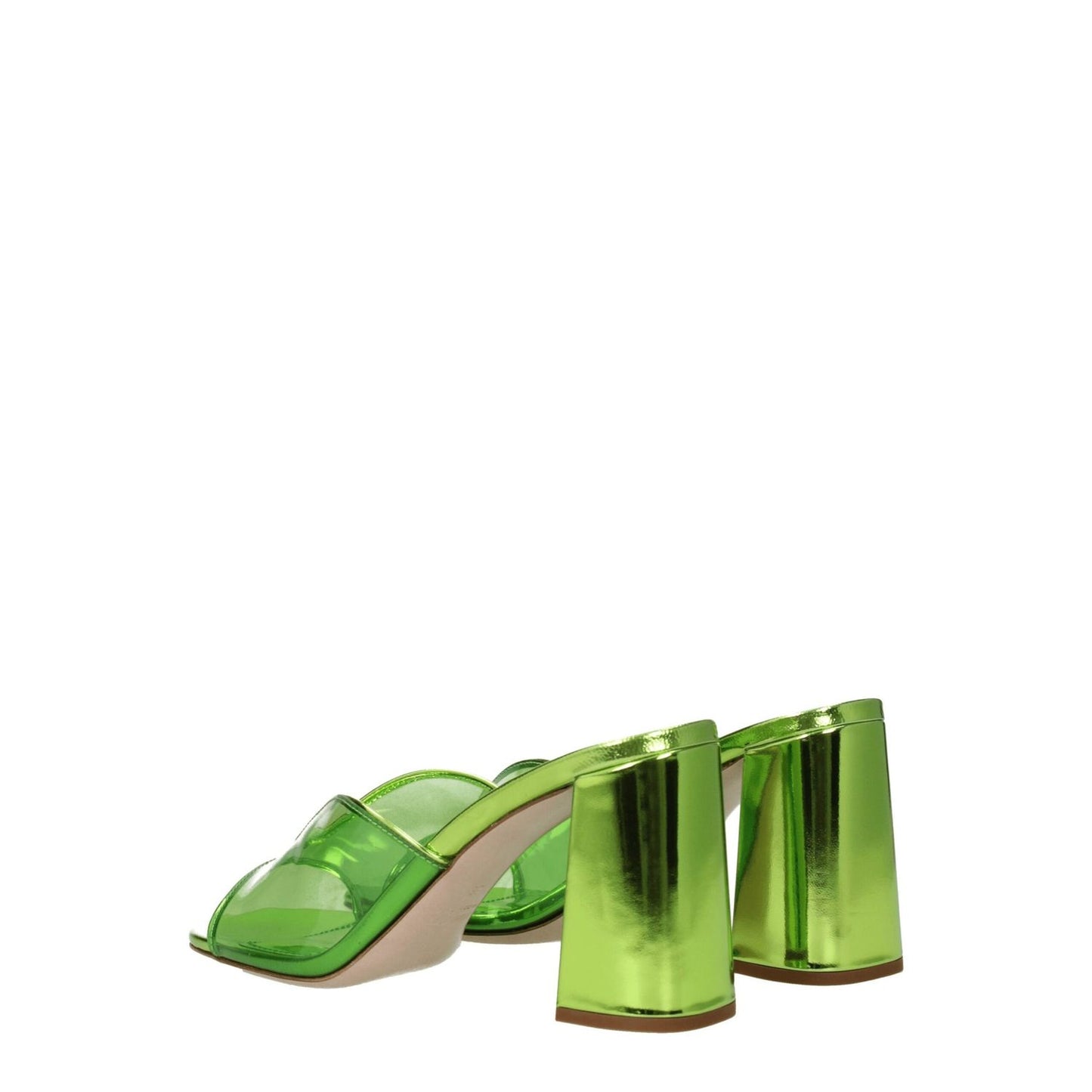 Miu Miu Green Plexiglass Platform Sandals with open toe and mid heels, leather sole, featuring a modern casual style, back view.