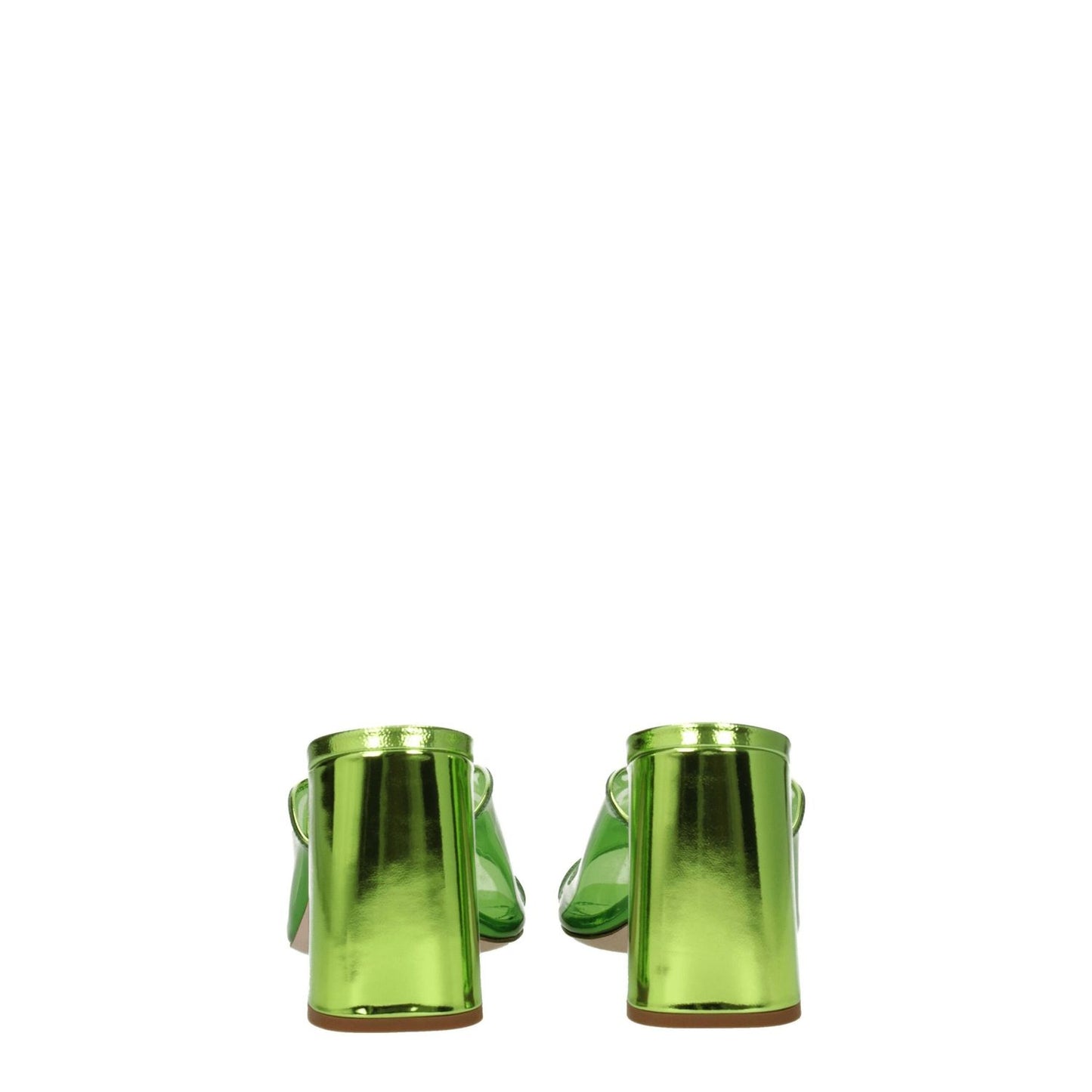 Miu Miu Green Plexiglass Platform Sandals with leather sole and mid heels, rear view.