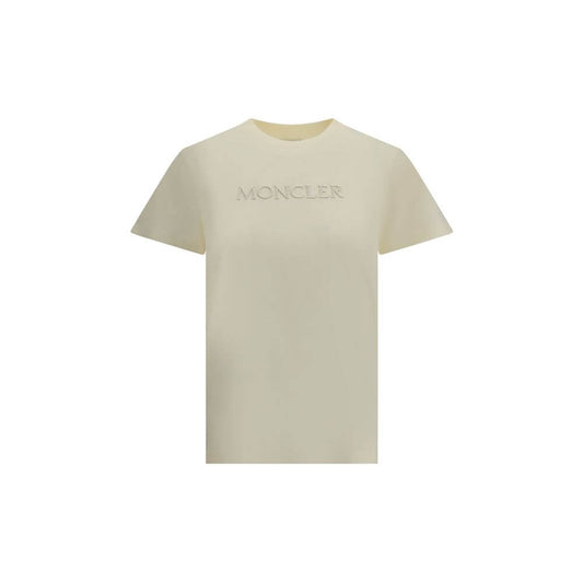 Moncler Cream Cotton T-Shirt with tone-on-tone embroidered monogram, ribbed crew neck, suitable for everyday wear, 100% cotton, AW25.