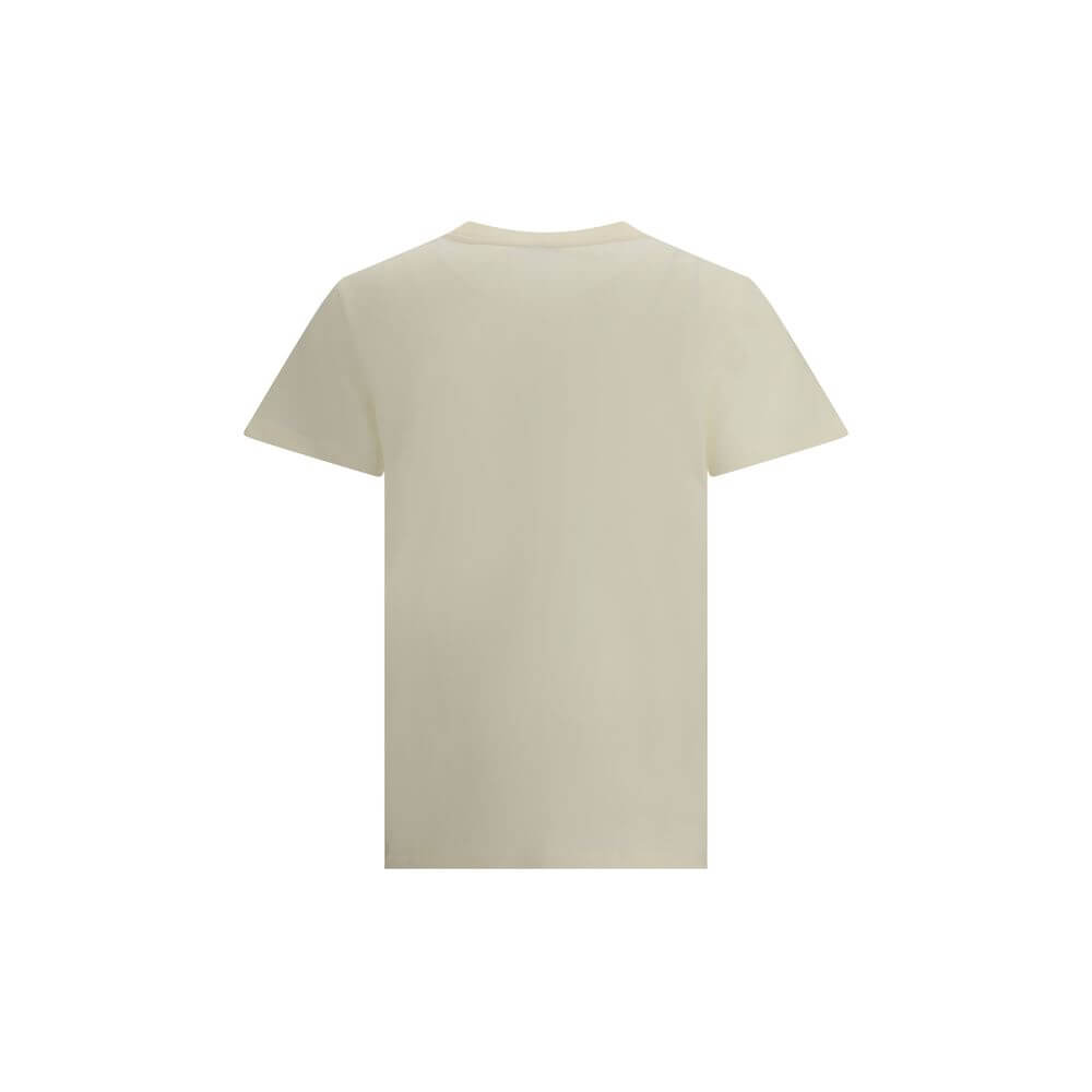 Back view of Moncler Cream Cotton T-Shirt with ribbed crew neck and tone-on-tone embroidered monogram, made from 100% soft cotton for AW25.