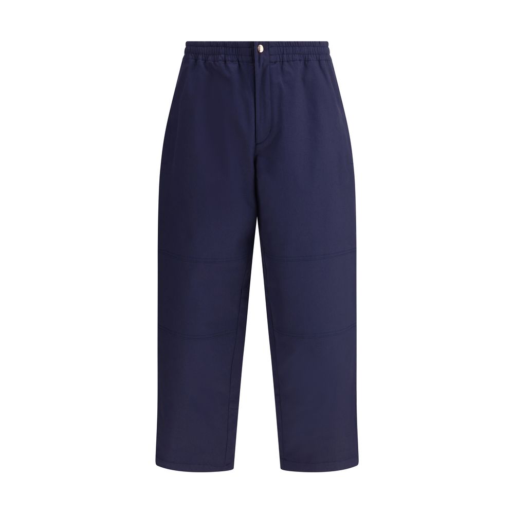 Moncler x Donald Glover Blue Cotton Casual Pants with elastic waistband, drawstring leg, and side welt pockets from Moncler Genius line.