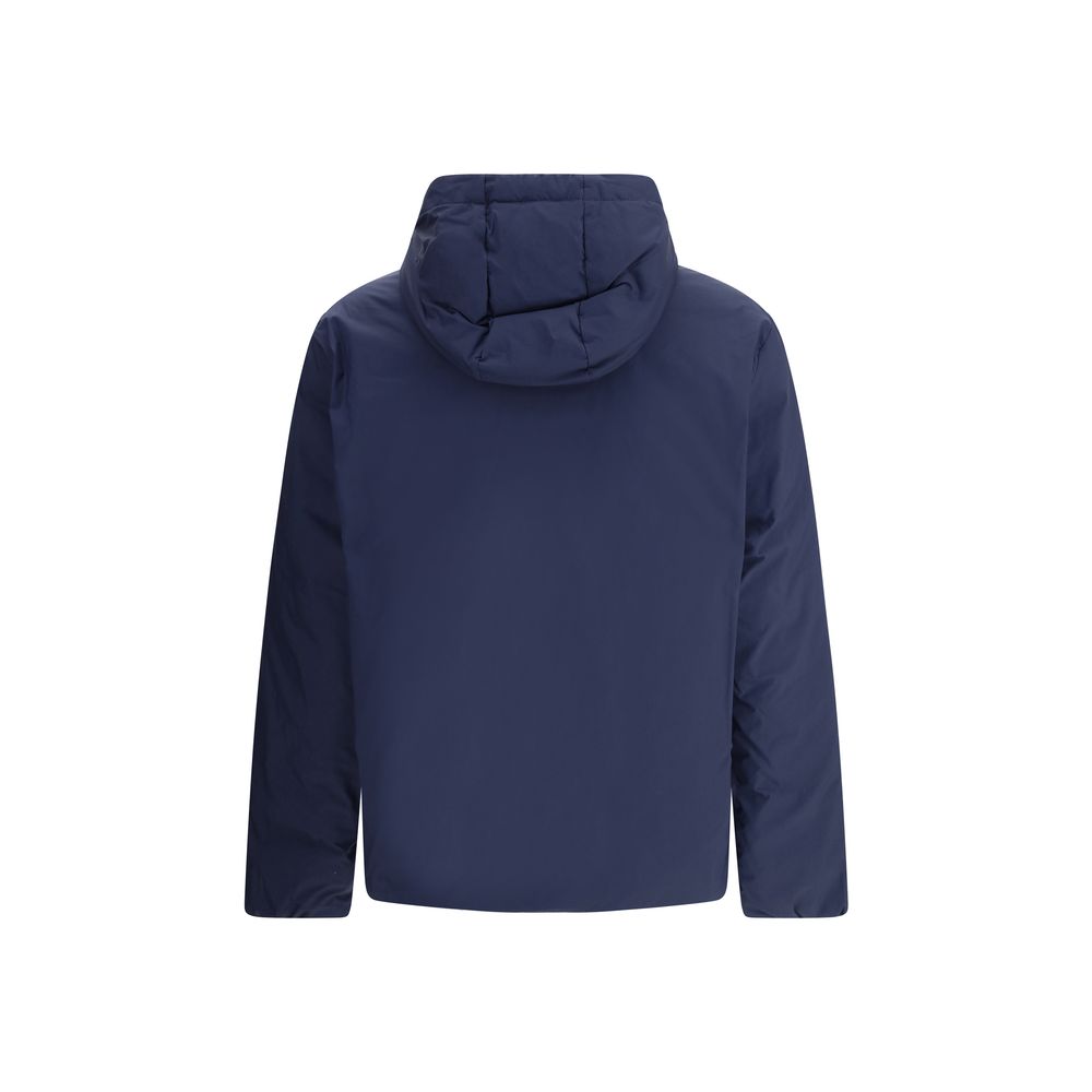 Back view of Moncler x Donald Glover Blue Goose Down Full-Length Jacket with hood shown