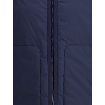 Close-up of Moncler x Donald Glover Blue Goose Down Full-Length Jacket showing front zip fastening and quilting detail.