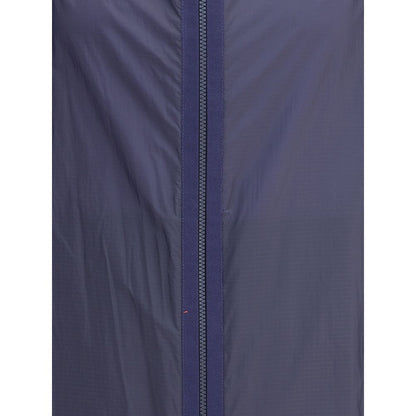 Moncler x Donald Glover Blue Nylon Shell Jacket close-up featuring ripstop nylon and double-slider zip design.