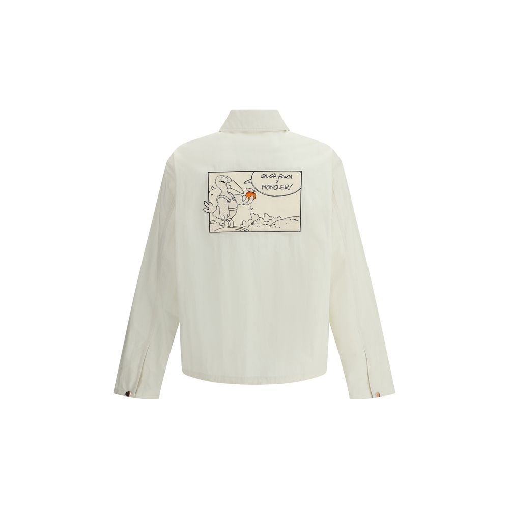 Moncler x Donald Glover White Cotton Coat with comic-style patch on back, from Moncler Genius collection.